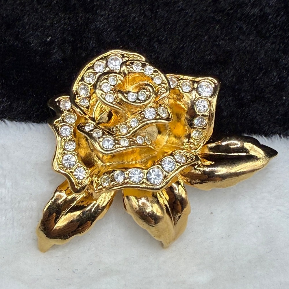 Vintage Avon Rhinestone Flower Brooch Rose Passion Gold Tone